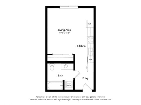 Floor plan for studio, 1 bath, 451 sqft